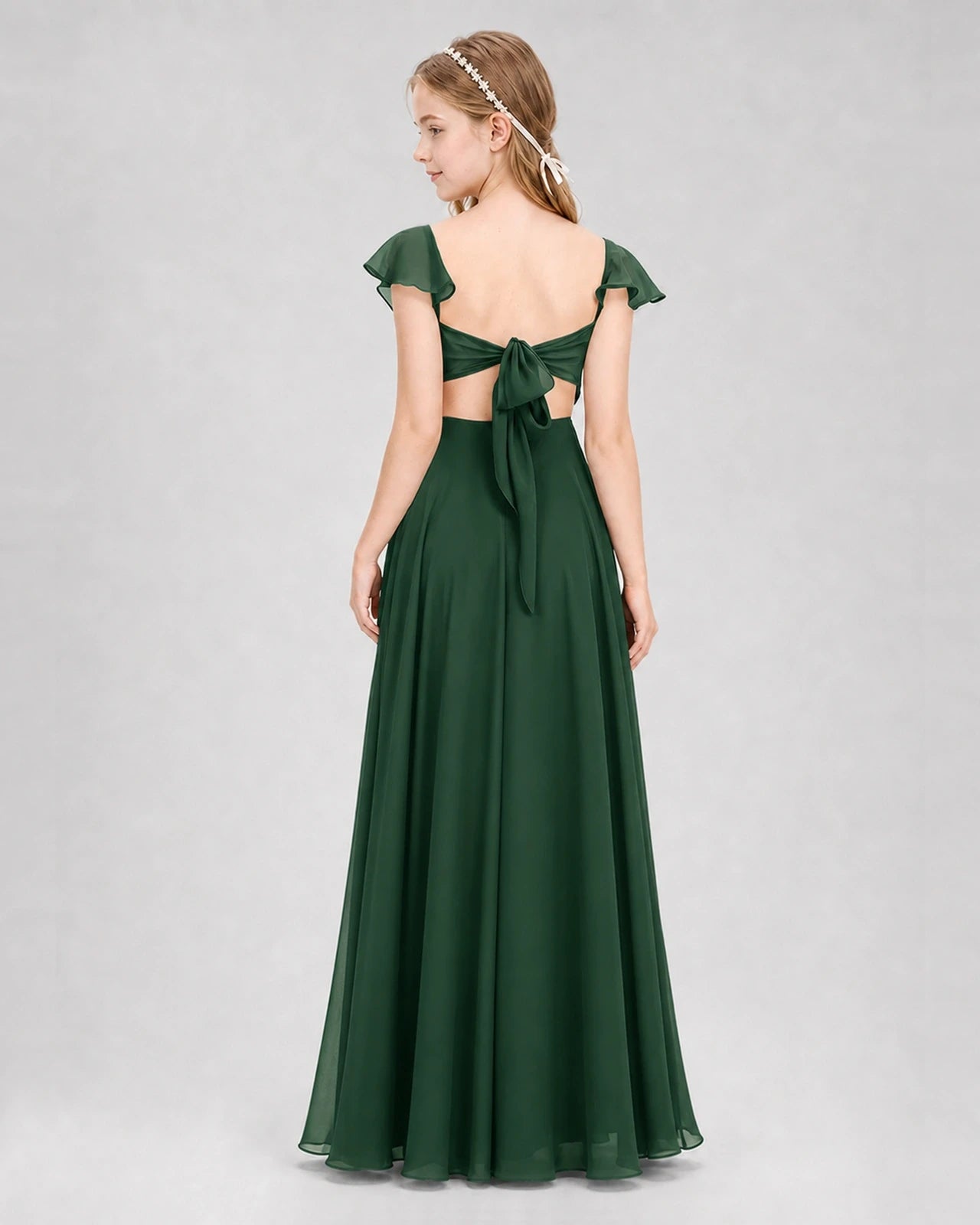 Dideyttawl Flutter Sleeve Back Bow Chiffon Junior Bridesmaid Dress