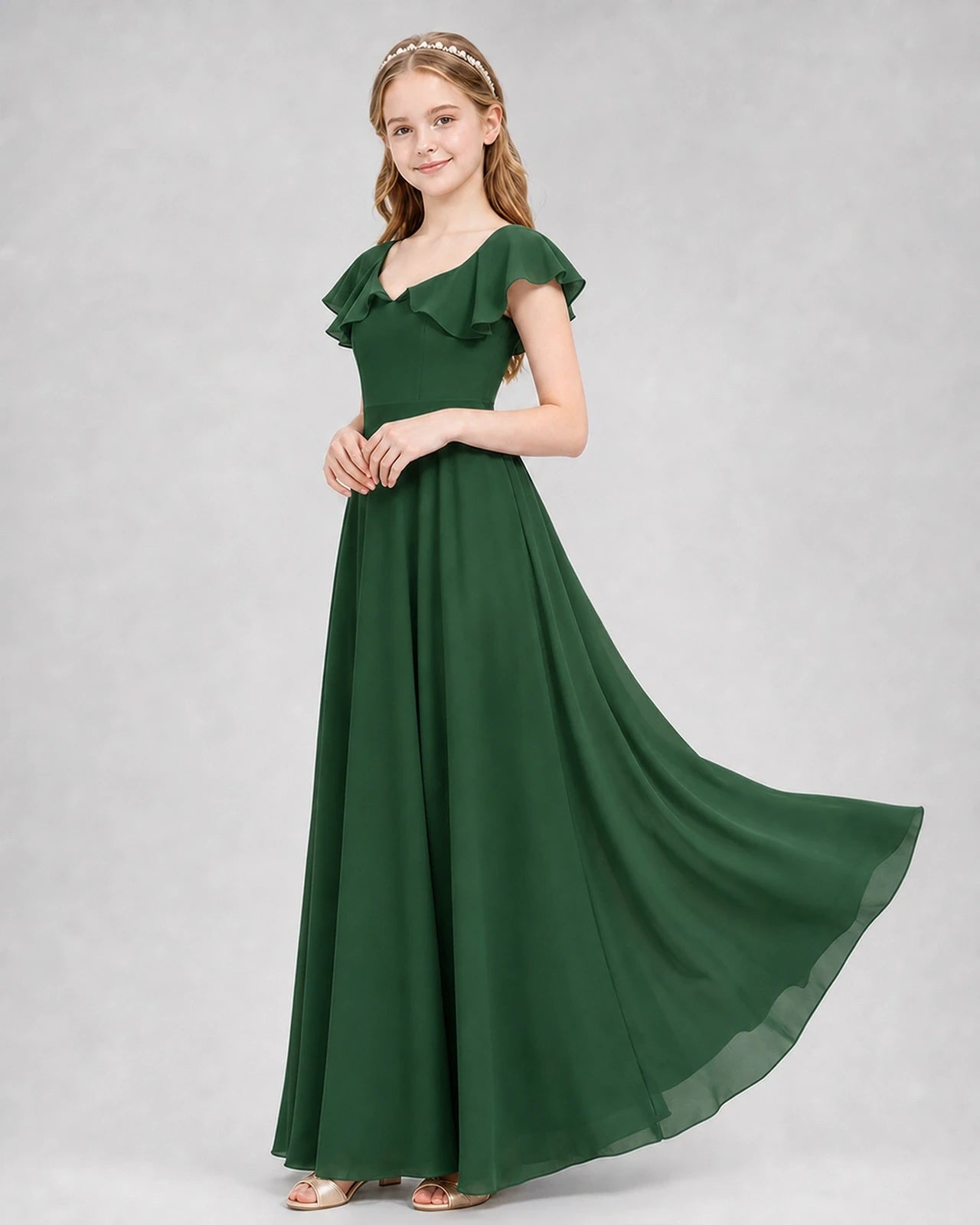 Dideyttawl Flutter Sleeve Back Bow Chiffon Junior Bridesmaid Dress