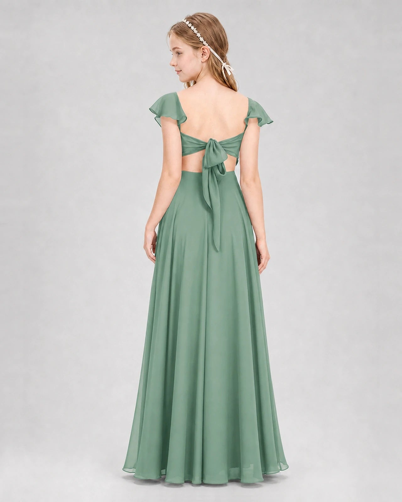 Dideyttawl Flutter Sleeve Back Bow Chiffon Junior Bridesmaid Dress