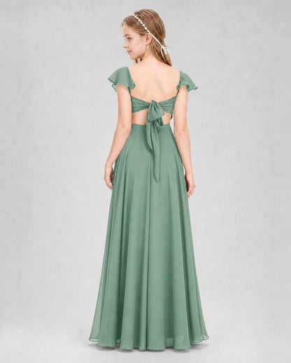 Dideyttawl Flutter Sleeve Back Bow Chiffon Junior Bridesmaid Dress