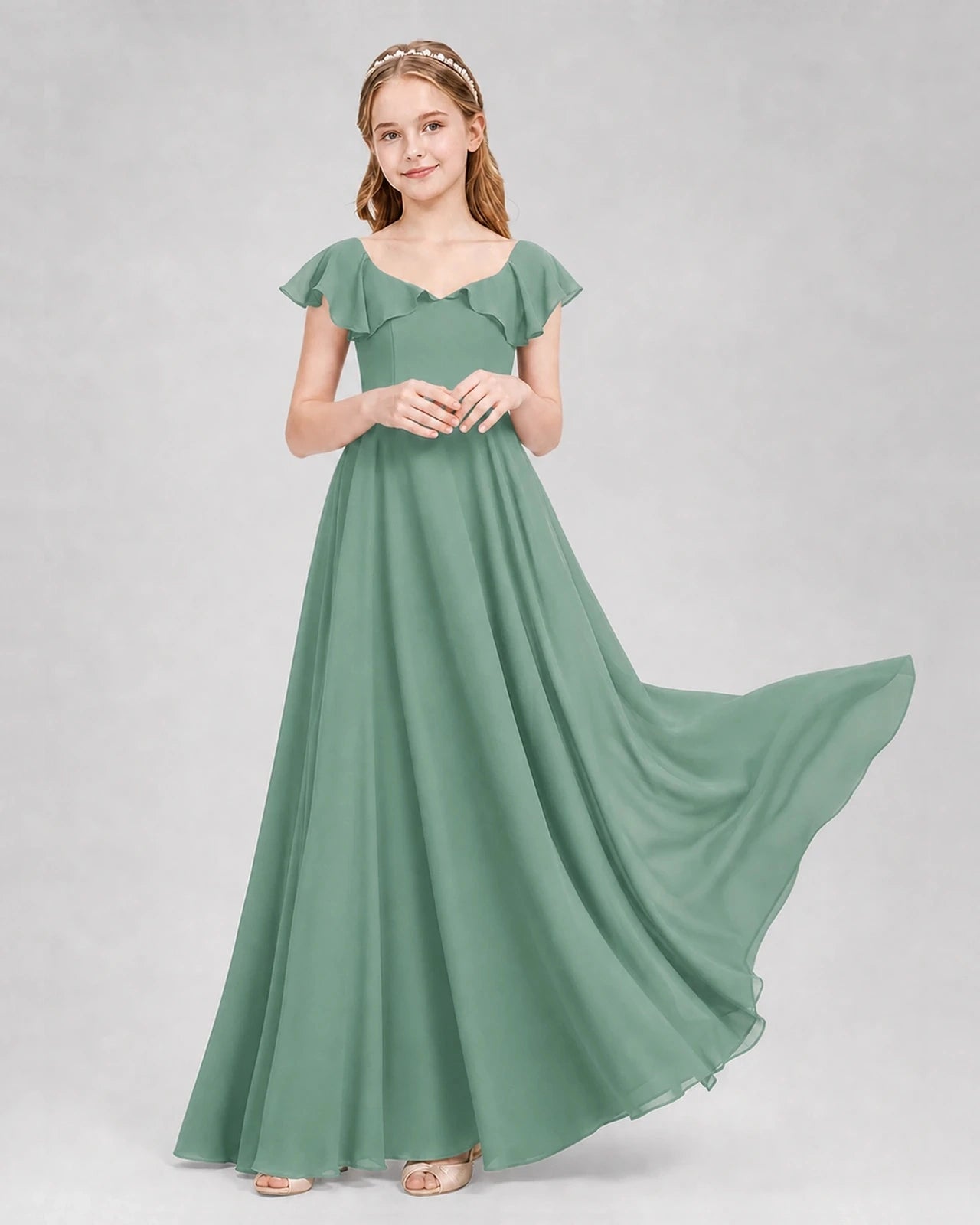 Dideyttawl Flutter Sleeve Back Bow Chiffon Junior Bridesmaid Dress