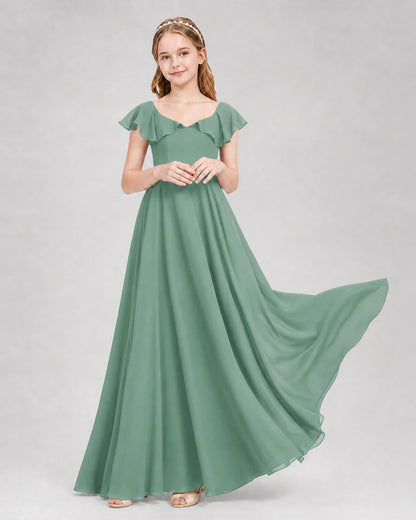 Dideyttawl Flutter Sleeve Back Bow Chiffon Junior Bridesmaid Dress