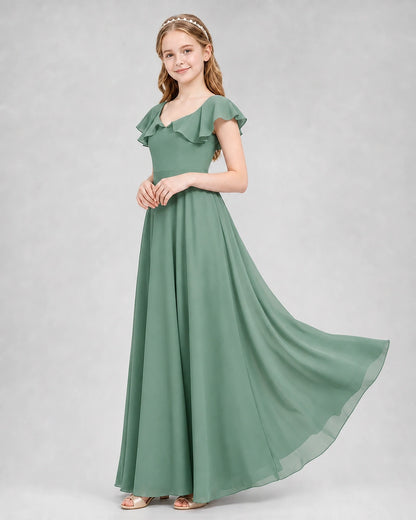 Dideyttawl Flutter Sleeve Back Bow Chiffon Junior Bridesmaid Dress