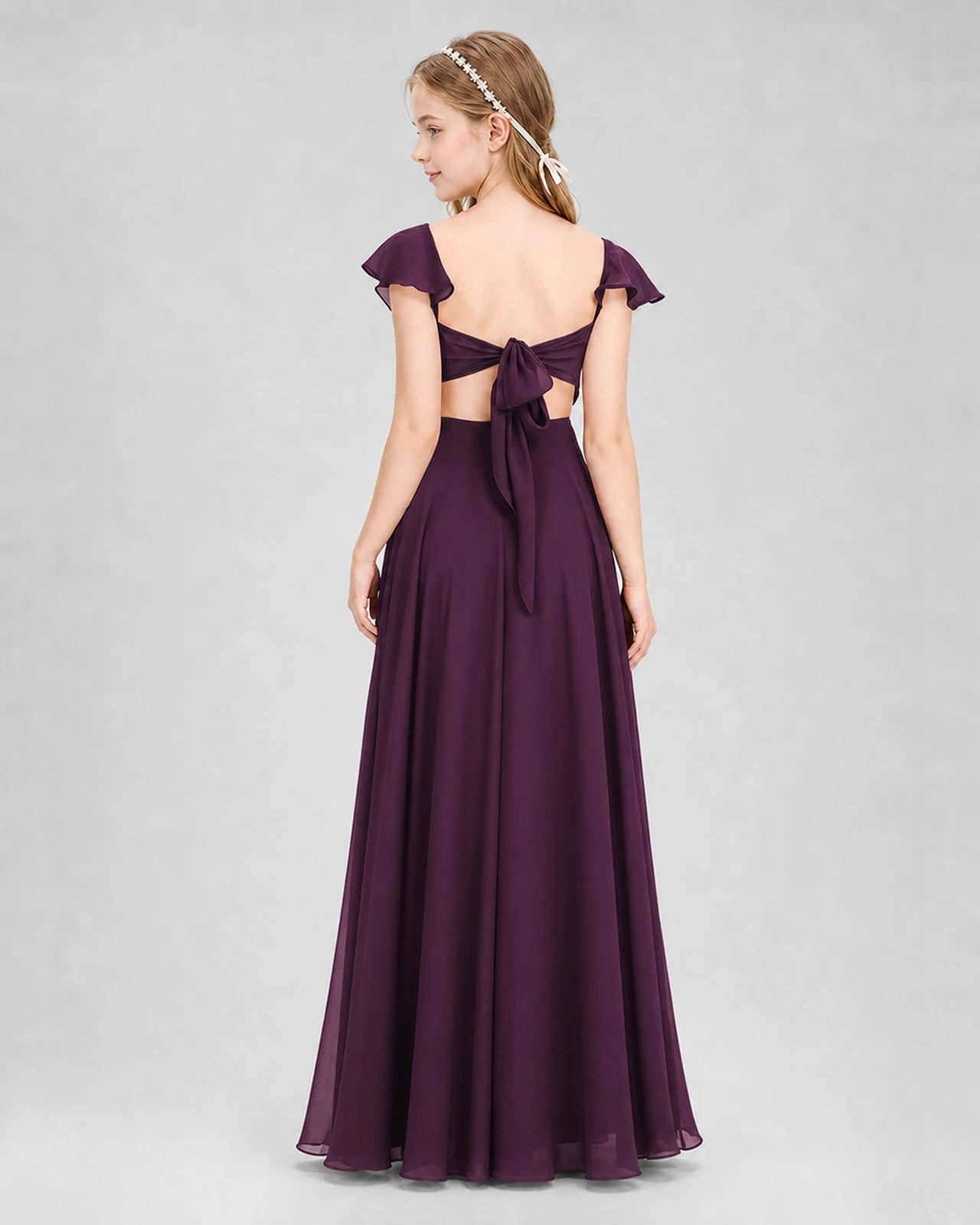 Dideyttawl Flutter Sleeve Back Bow Chiffon Junior Bridesmaid Dress