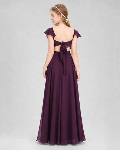 Dideyttawl Flutter Sleeve Back Bow Chiffon Junior Bridesmaid Dress