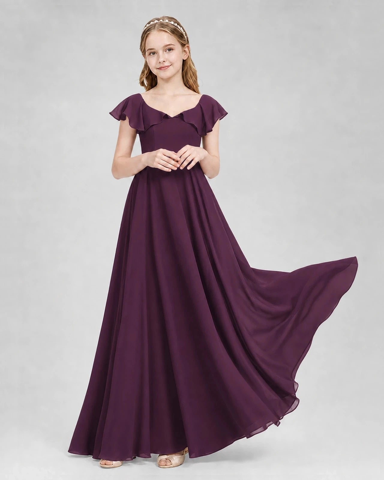 Dideyttawl Flutter Sleeve Back Bow Chiffon Junior Bridesmaid Dress
