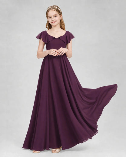 Dideyttawl Flutter Sleeve Back Bow Chiffon Junior Bridesmaid Dress