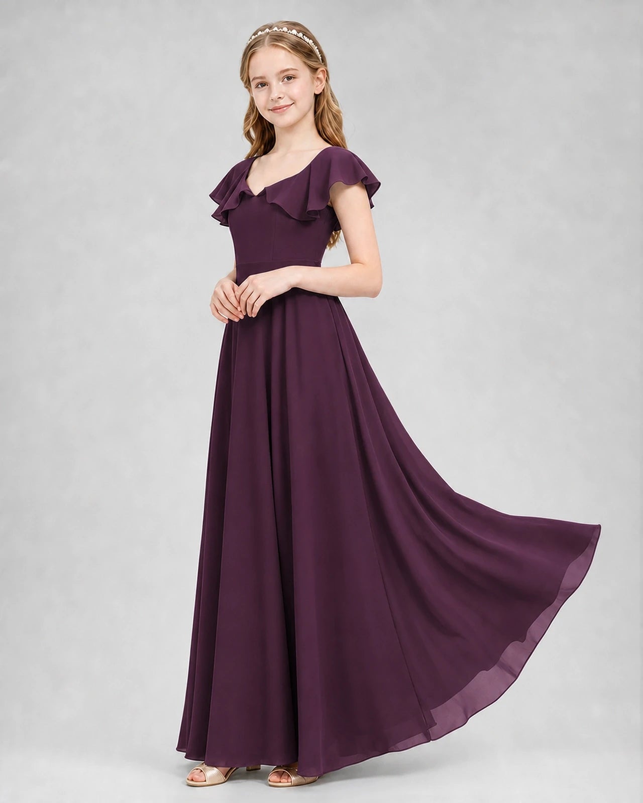 Dideyttawl Flutter Sleeve Back Bow Chiffon Junior Bridesmaid Dress
