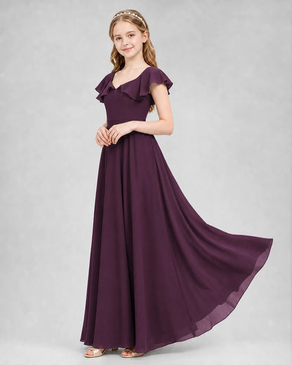 Dideyttawl Flutter Sleeve Back Bow Chiffon Junior Bridesmaid Dress