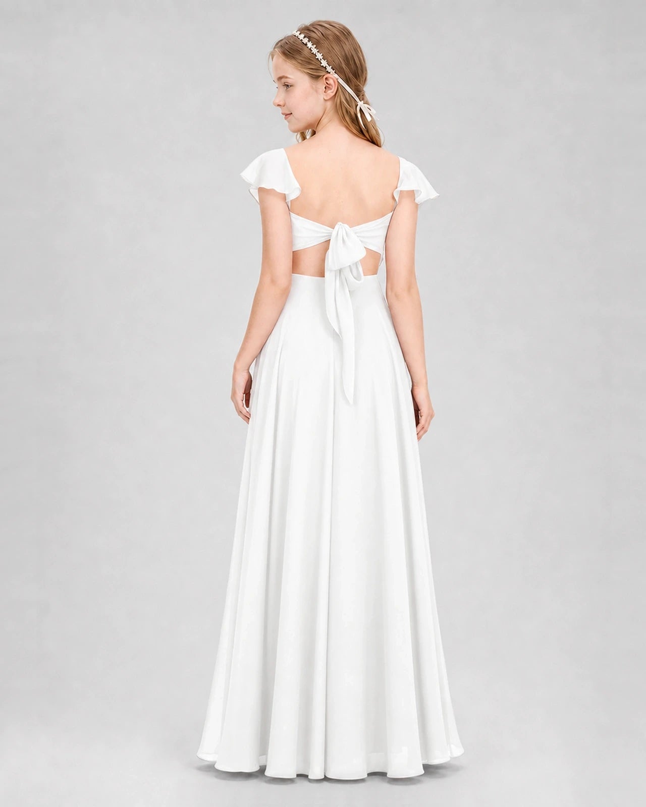 Dideyttawl Flutter Sleeve Back Bow Chiffon Junior Bridesmaid Dress