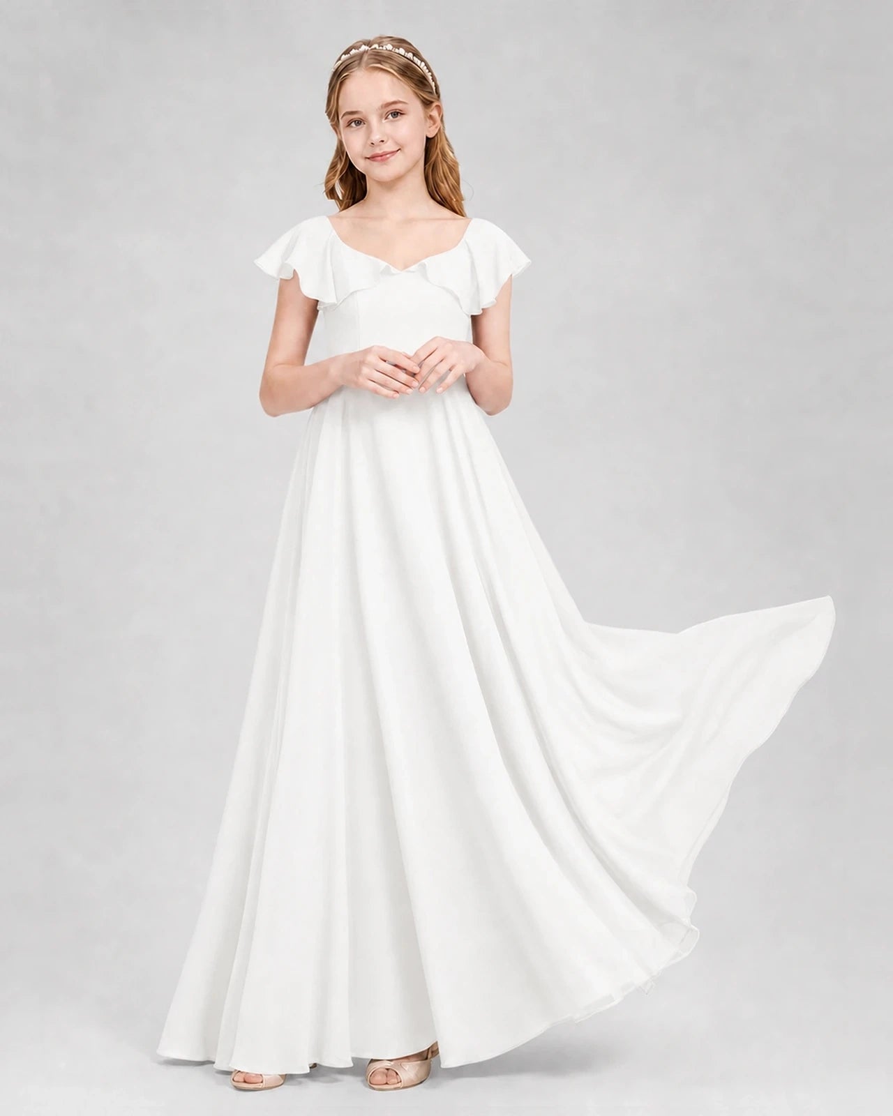 Dideyttawl Flutter Sleeve Back Bow Chiffon Junior Bridesmaid Dress