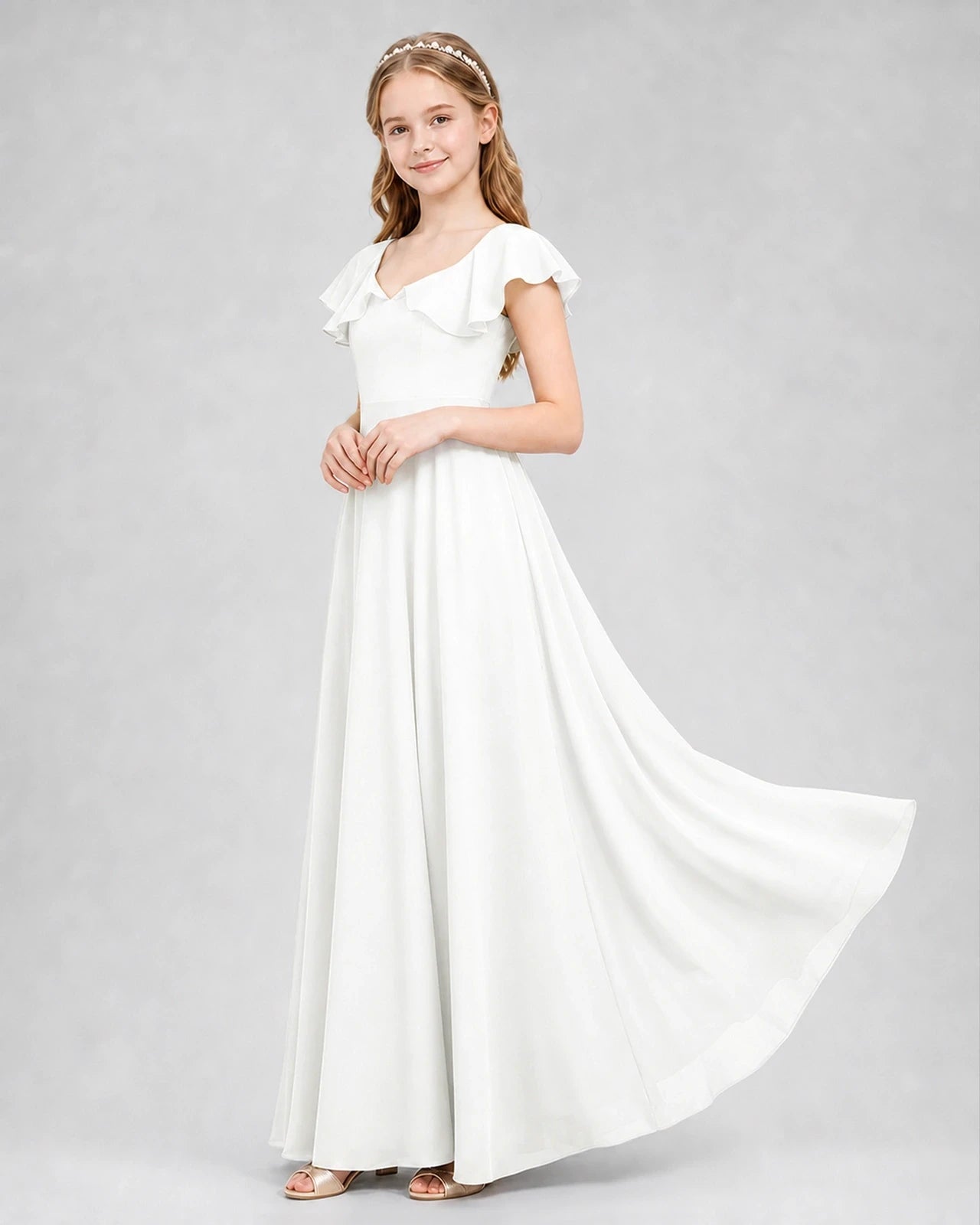 Dideyttawl Flutter Sleeve Back Bow Chiffon Junior Bridesmaid Dress