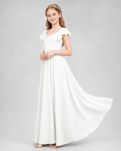 Dideyttawl Flutter Sleeve Back Bow Chiffon Junior Bridesmaid Dress