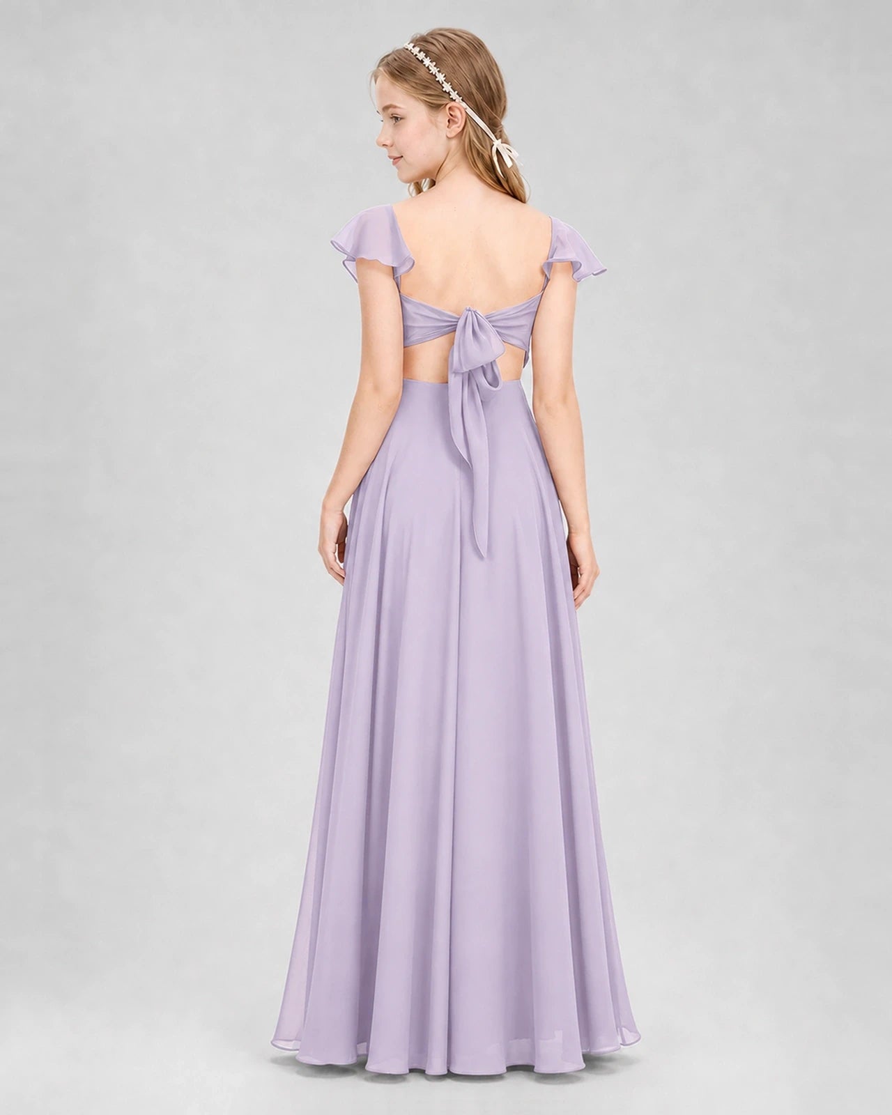 Dideyttawl Flutter Sleeve Back Bow Chiffon Junior Bridesmaid Dress