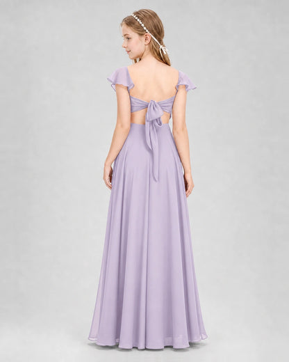 Dideyttawl Flutter Sleeve Back Bow Chiffon Junior Bridesmaid Dress