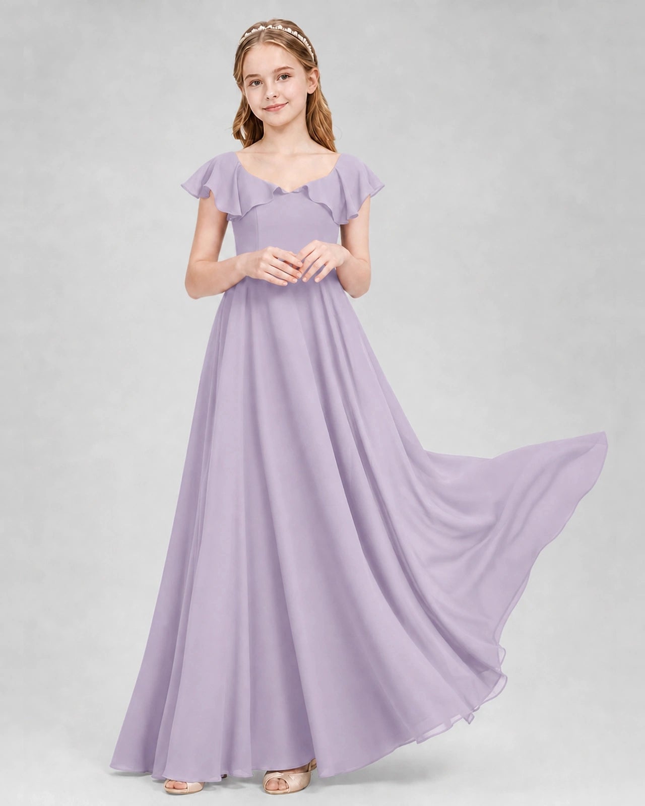 Dideyttawl Flutter Sleeve Back Bow Chiffon Junior Bridesmaid Dress