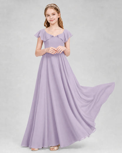 Dideyttawl Flutter Sleeve Back Bow Chiffon Junior Bridesmaid Dress