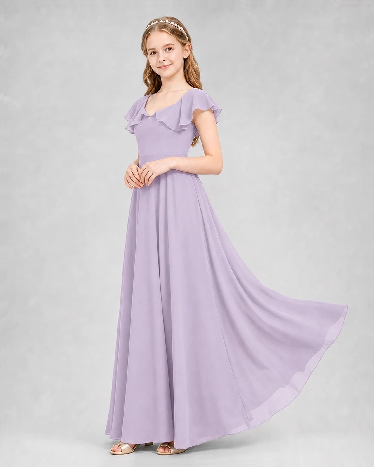 Dideyttawl Flutter Sleeve Back Bow Chiffon Junior Bridesmaid Dress