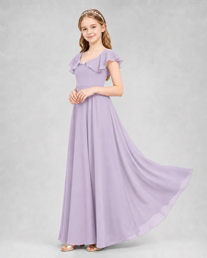 Dideyttawl Flutter Sleeve Back Bow Chiffon Junior Bridesmaid Dress