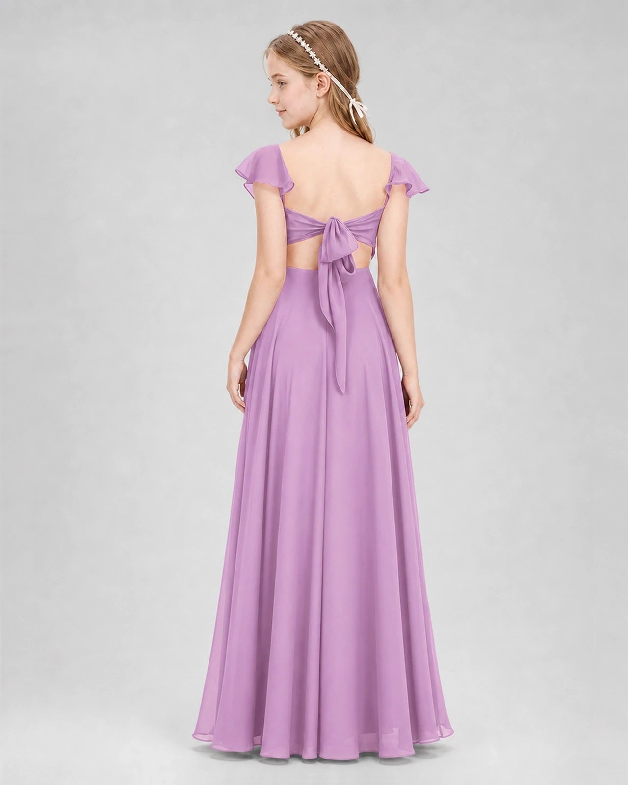 Dideyttawl Flutter Sleeve Back Bow Chiffon Junior Bridesmaid Dress