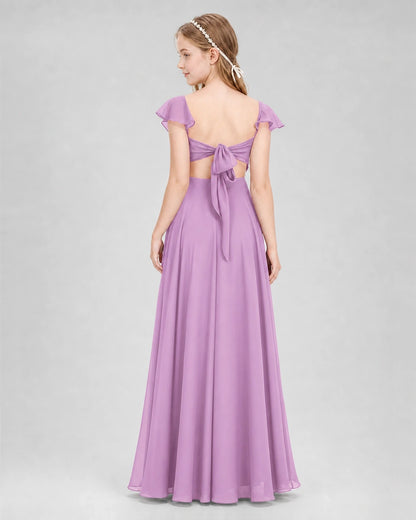 Dideyttawl Flutter Sleeve Back Bow Chiffon Junior Bridesmaid Dress