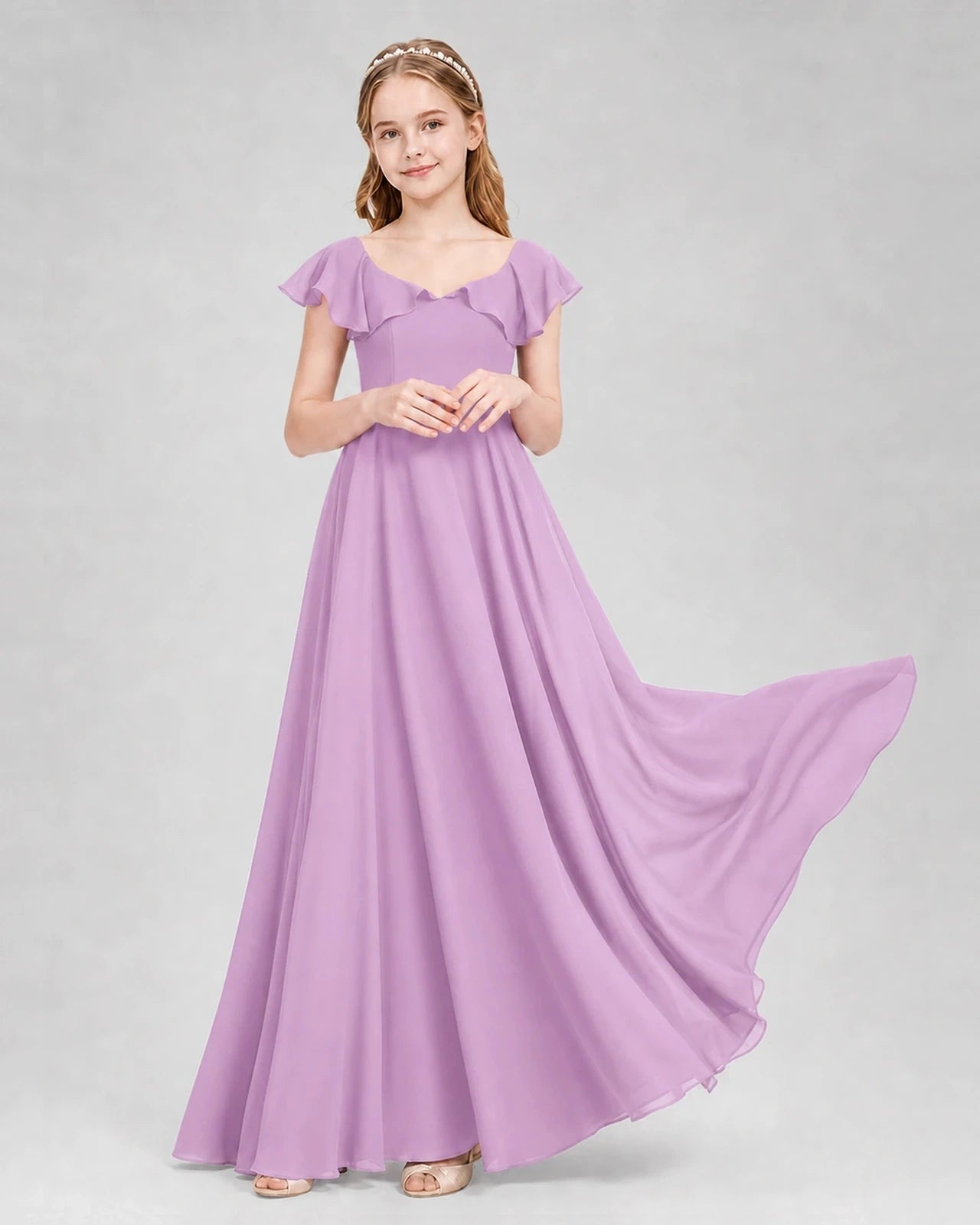 Dideyttawl Flutter Sleeve Back Bow Chiffon Junior Bridesmaid Dress