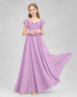 Lilac Chiffon Ruffled Sleeve Junior Bridesmaid Dresses Front View
