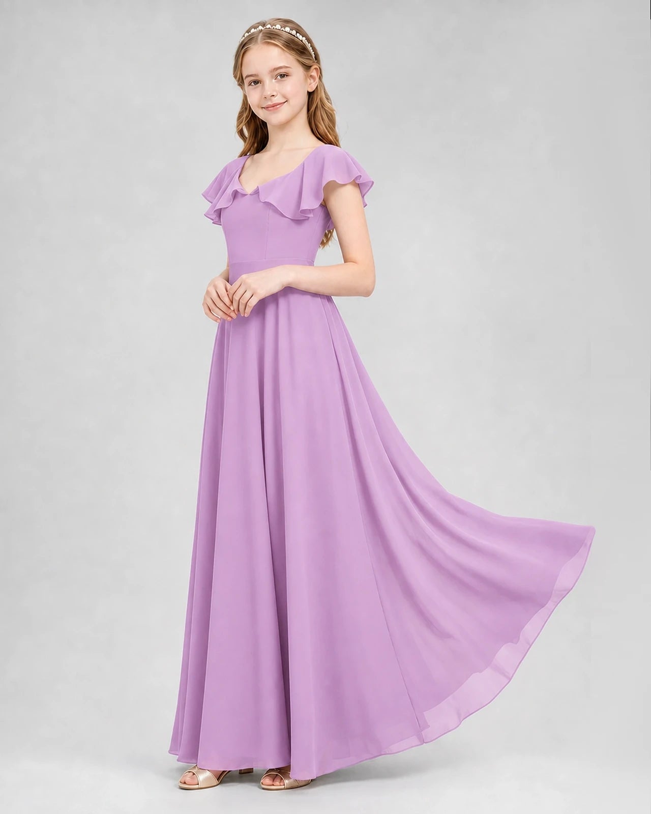 Dideyttawl Flutter Sleeve Back Bow Chiffon Junior Bridesmaid Dress