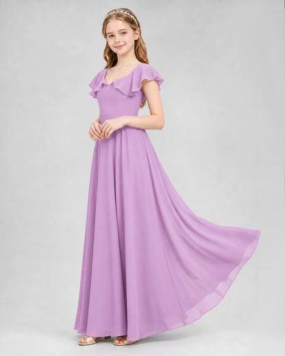 Dideyttawl Flutter Sleeve Back Bow Chiffon Junior Bridesmaid Dress