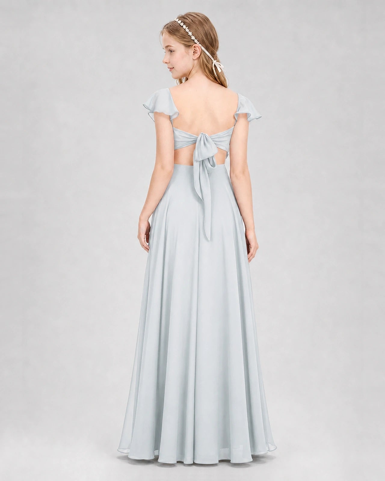 Dideyttawl Flutter Sleeve Back Bow Chiffon Junior Bridesmaid Dress