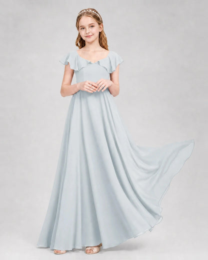Dideyttawl Flutter Sleeve Back Bow Chiffon Junior Bridesmaid Dress