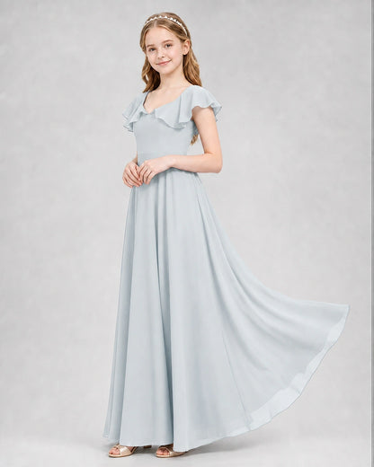 Dideyttawl Flutter Sleeve Back Bow Chiffon Junior Bridesmaid Dress