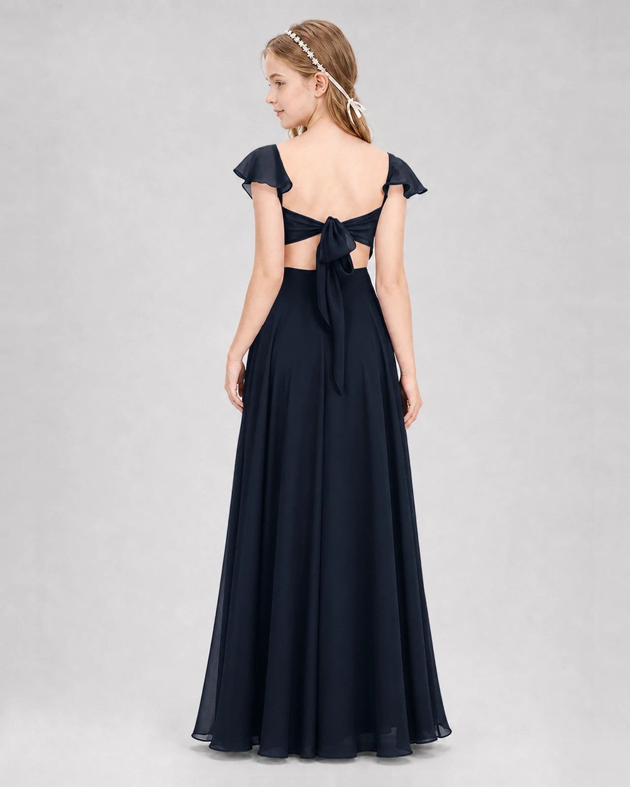 Dideyttawl Flutter Sleeve Back Bow Chiffon Junior Bridesmaid Dress
