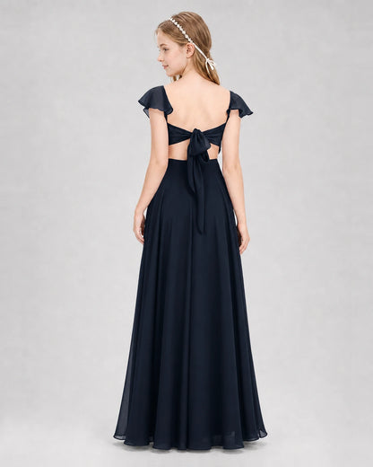 Dideyttawl Flutter Sleeve Back Bow Chiffon Junior Bridesmaid Dress
