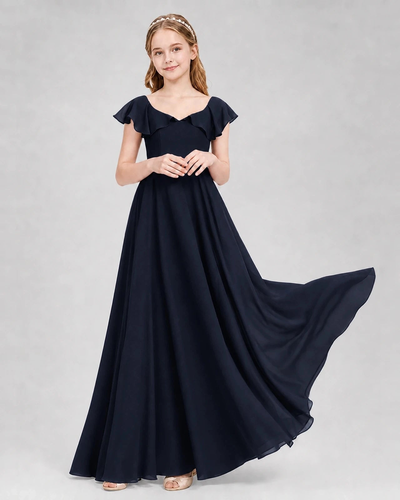Dideyttawl Flutter Sleeve Back Bow Chiffon Junior Bridesmaid Dress