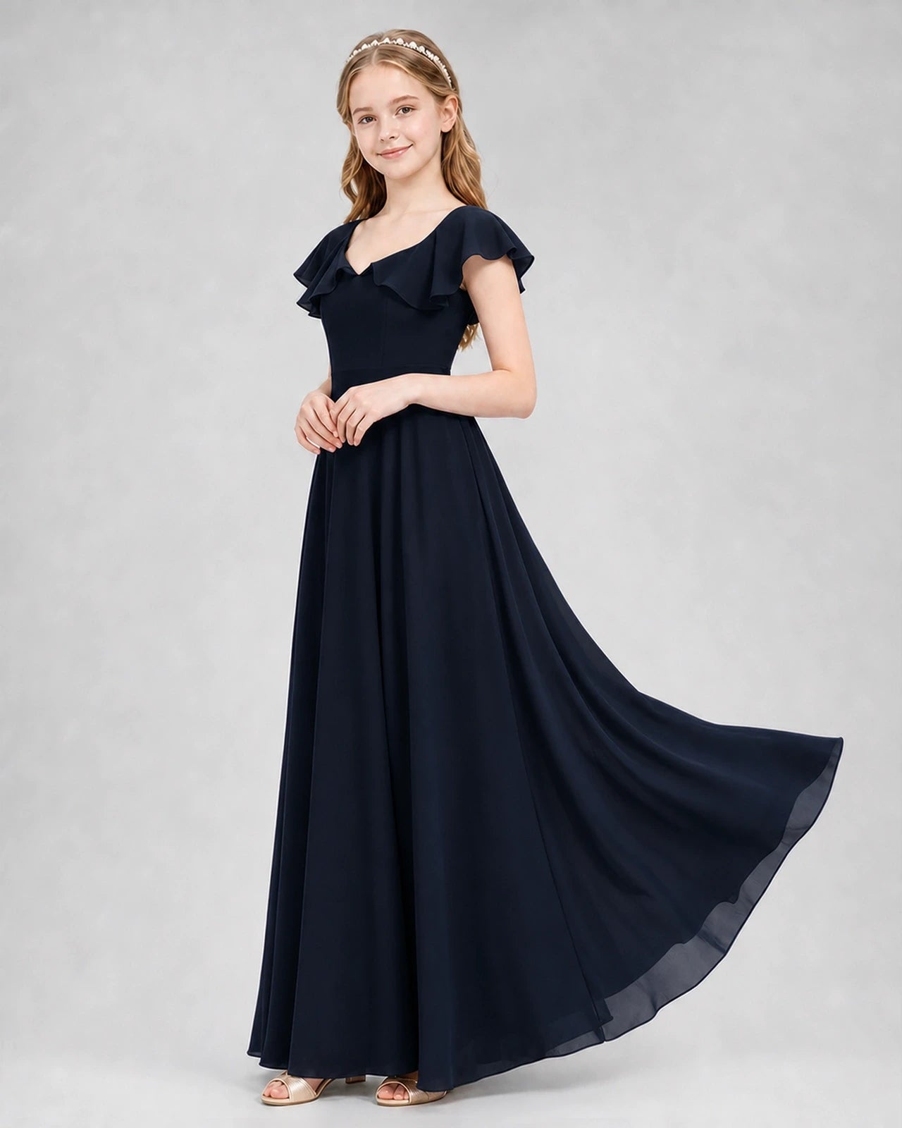 Dideyttawl Flutter Sleeve Back Bow Chiffon Junior Bridesmaid Dress