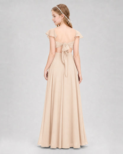 Dideyttawl Flutter Sleeve Back Bow Chiffon Junior Bridesmaid Dress