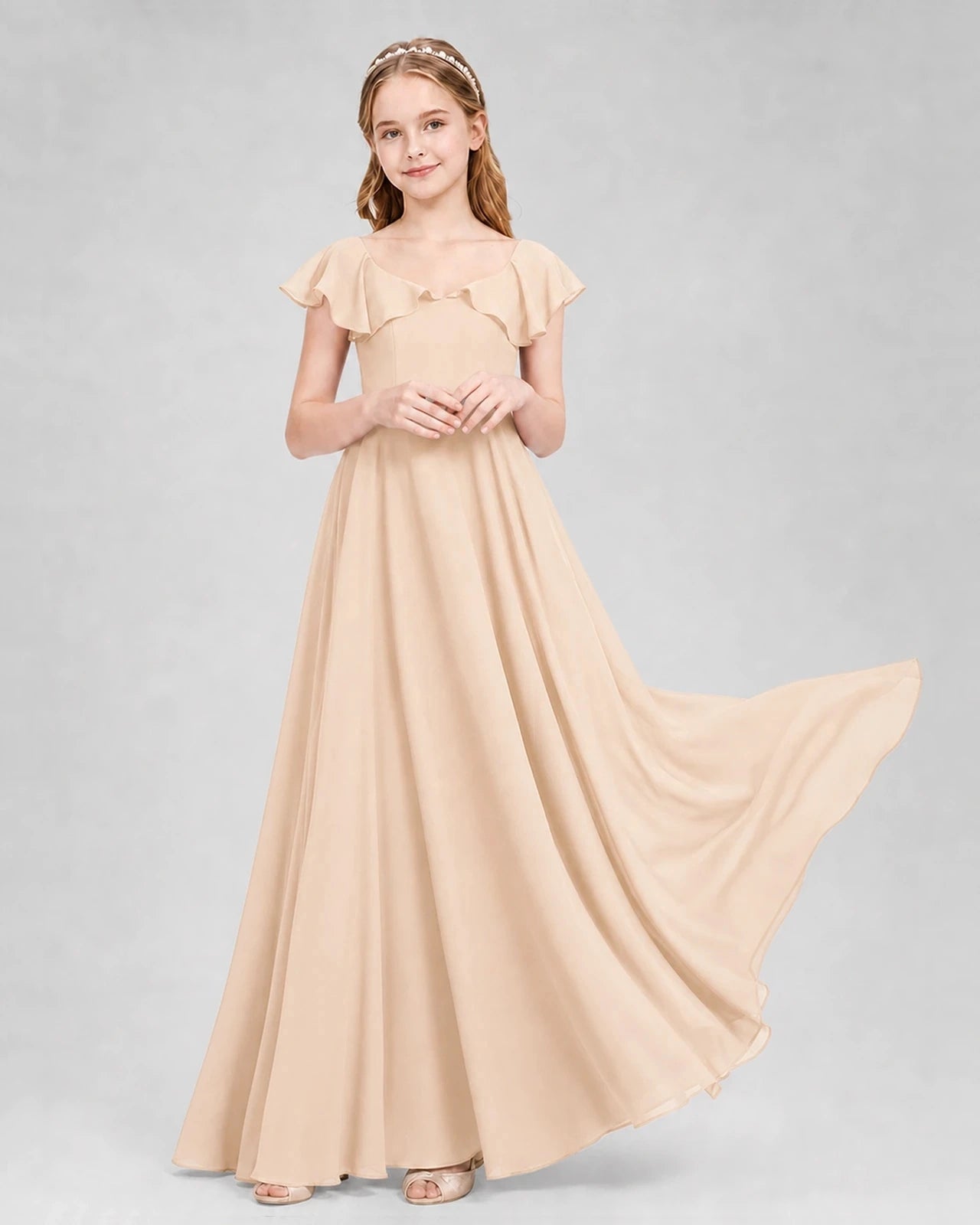 Dideyttawl Flutter Sleeve Back Bow Chiffon Junior Bridesmaid Dress