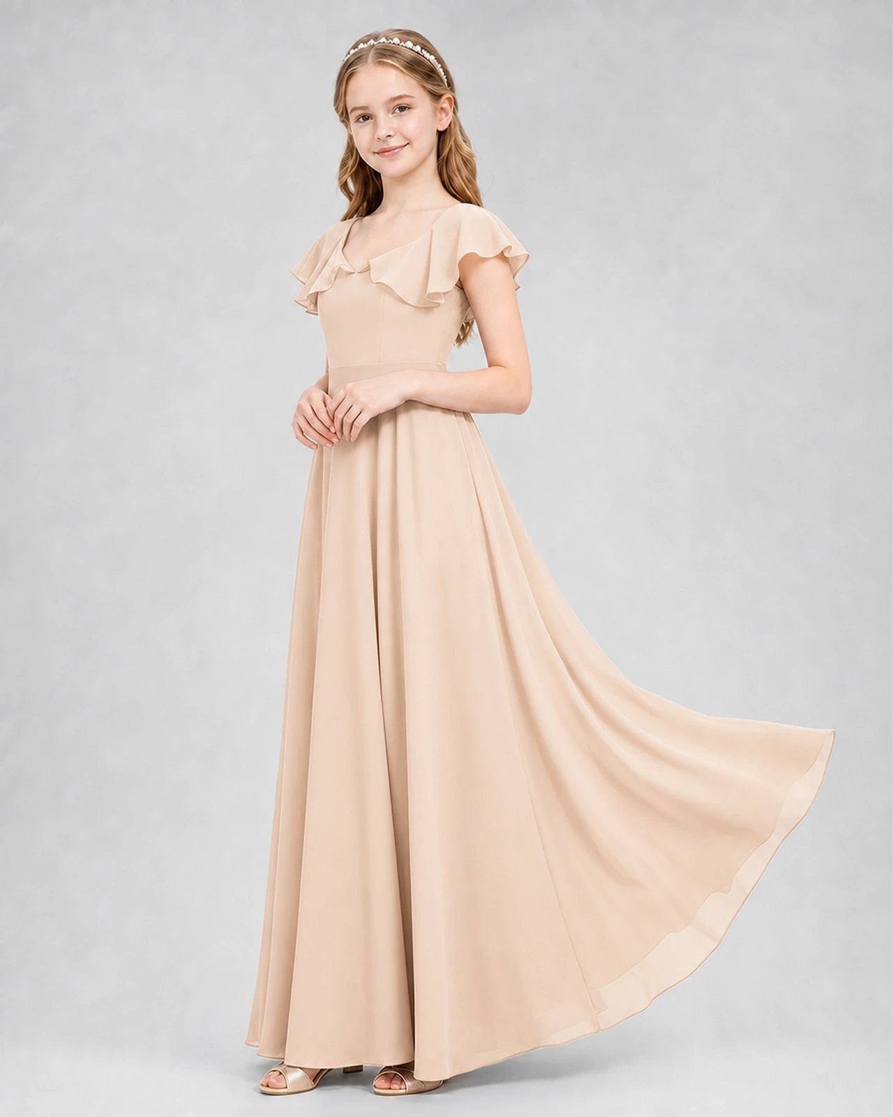 Dideyttawl Flutter Sleeve Back Bow Chiffon Junior Bridesmaid Dress