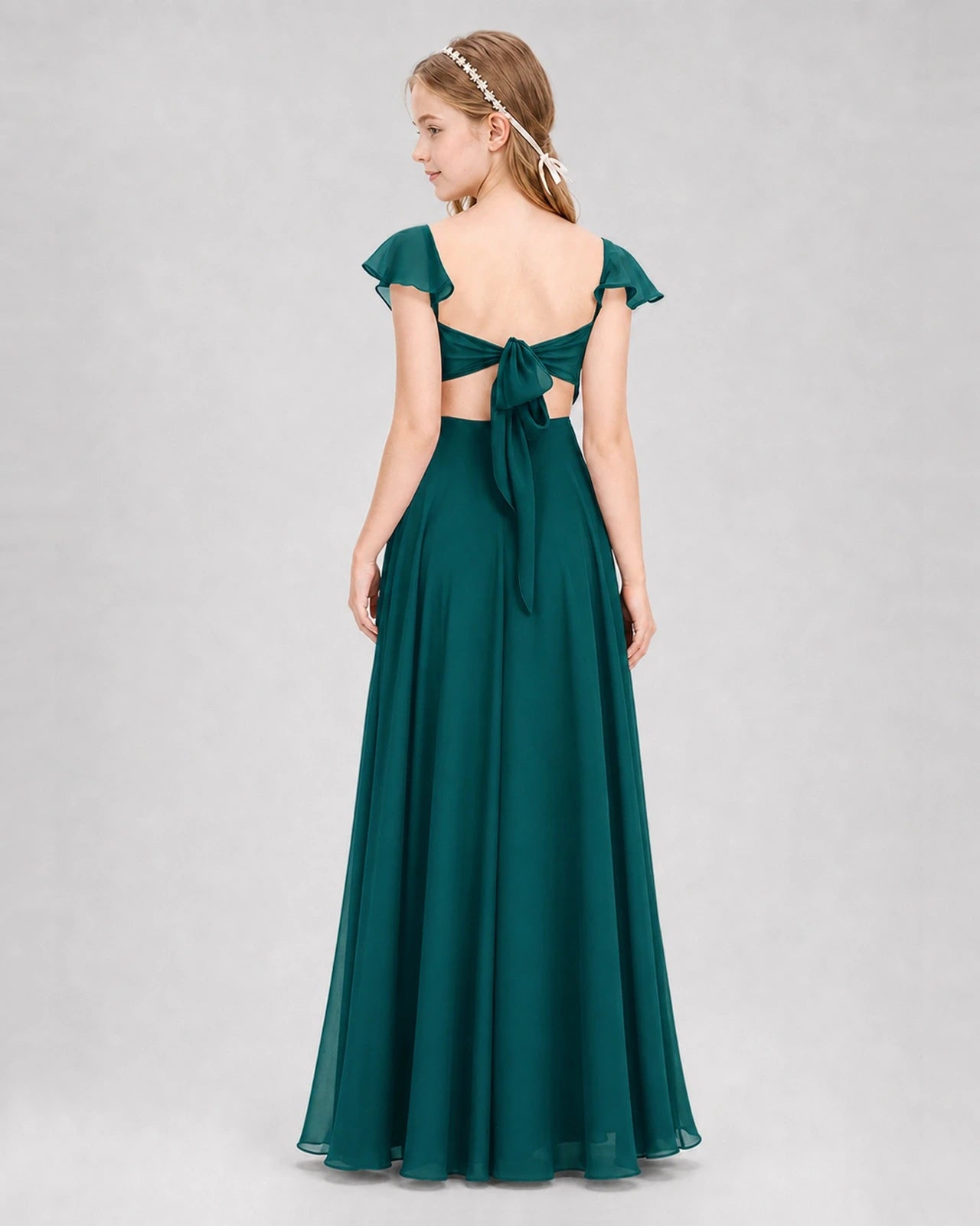 Dideyttawl Flutter Sleeve Back Bow Chiffon Junior Bridesmaid Dress