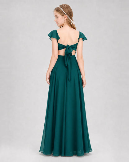 Dideyttawl Flutter Sleeve Back Bow Chiffon Junior Bridesmaid Dress