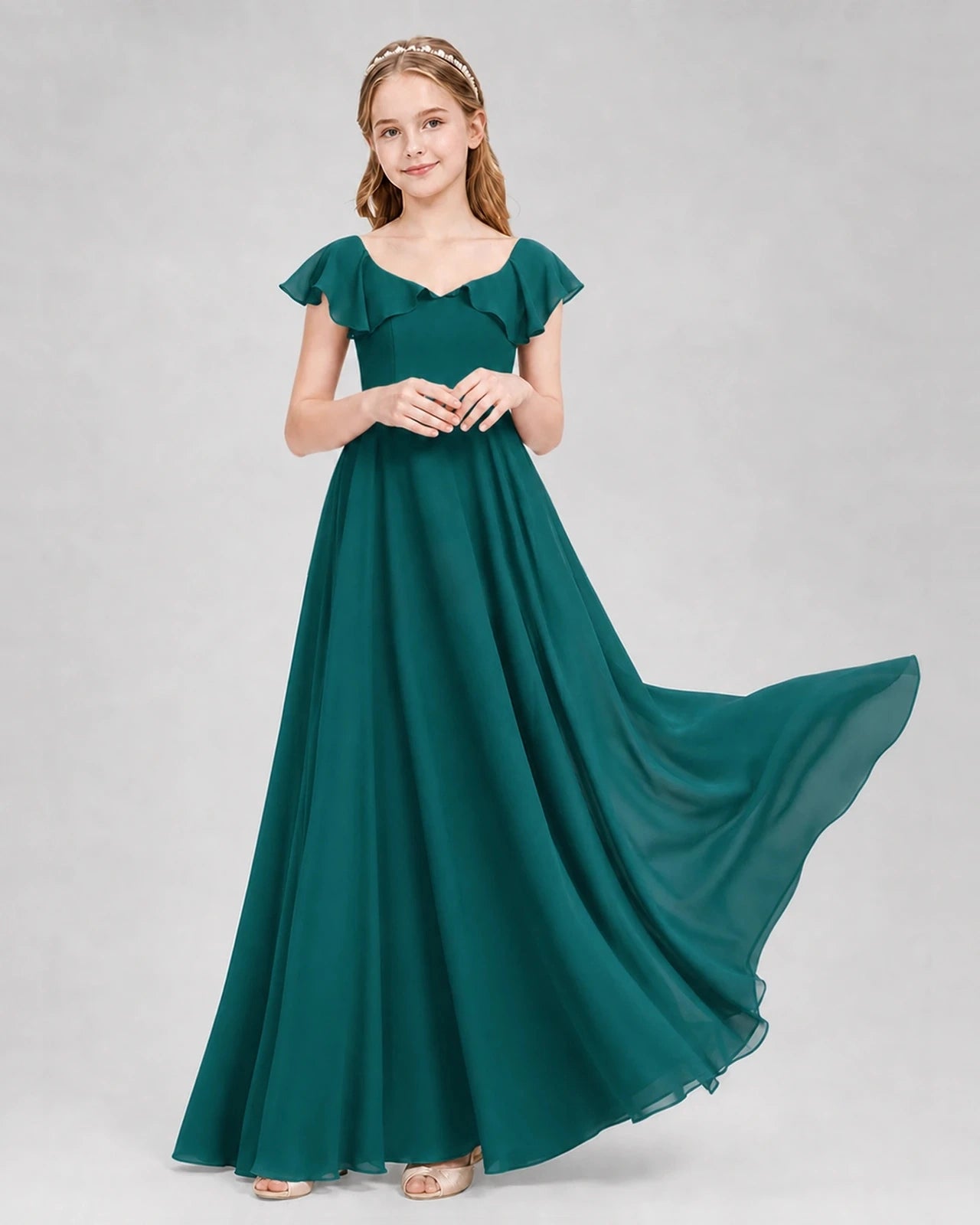 Dideyttawl Flutter Sleeve Back Bow Chiffon Junior Bridesmaid Dress