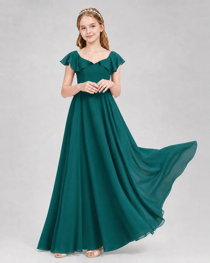 Dideyttawl Flutter Sleeve Back Bow Chiffon Junior Bridesmaid Dress