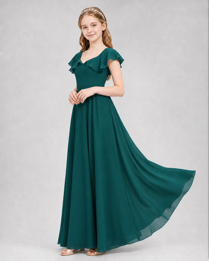 Dideyttawl Flutter Sleeve Back Bow Chiffon Junior Bridesmaid Dress