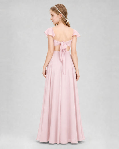 Dideyttawl Flutter Sleeve Back Bow Chiffon Junior Bridesmaid Dress