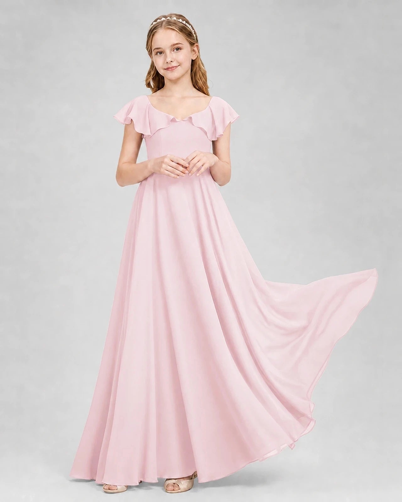 Dideyttawl Flutter Sleeve Back Bow Chiffon Junior Bridesmaid Dress