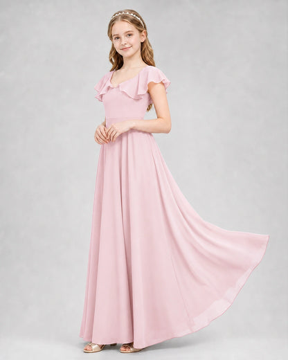 Dideyttawl Flutter Sleeve Back Bow Chiffon Junior Bridesmaid Dress