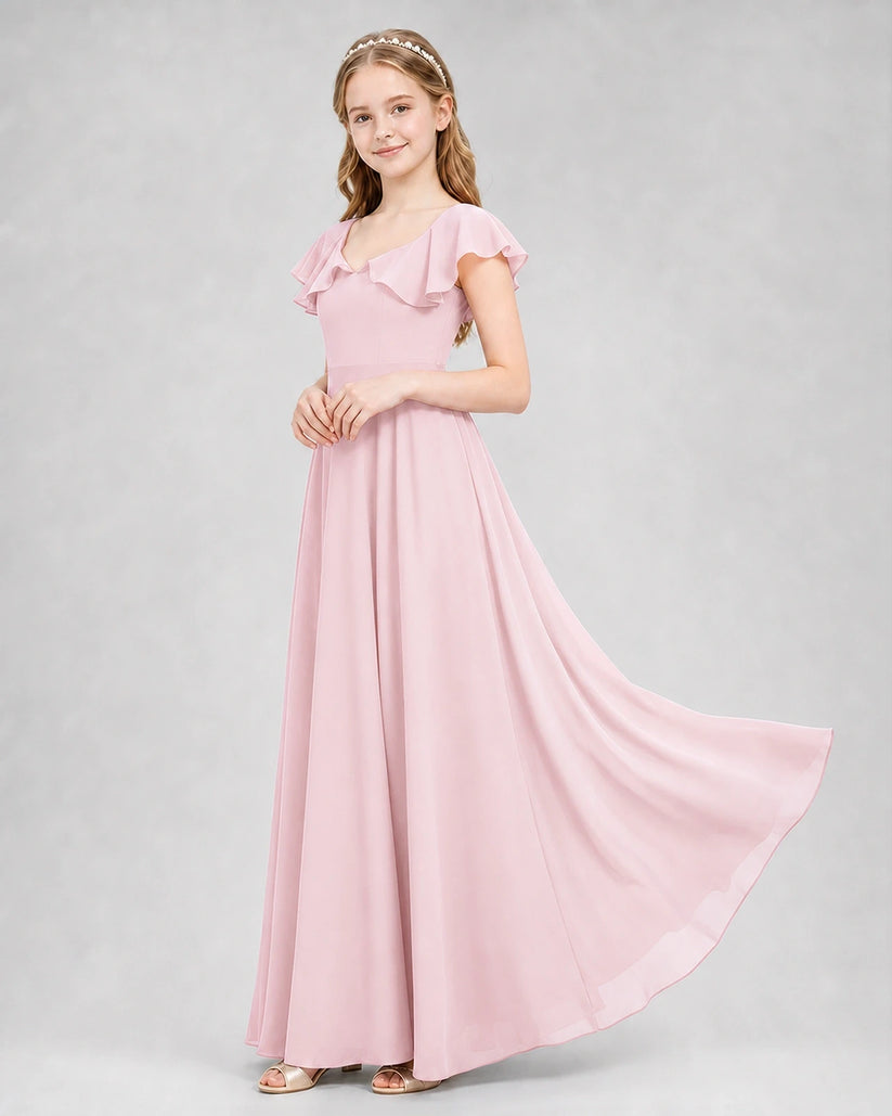 Pink Chiffon Flutter Sleeve Junior Bridesmaid Dresses Side View