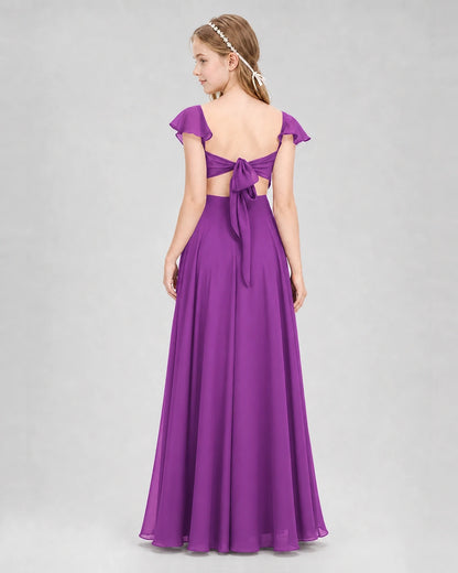 Dideyttawl Flutter Sleeve Back Bow Chiffon Junior Bridesmaid Dress