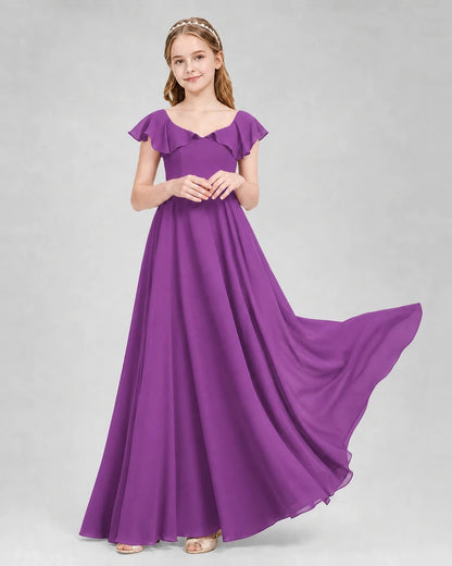 Dideyttawl Flutter Sleeve Back Bow Chiffon Junior Bridesmaid Dress